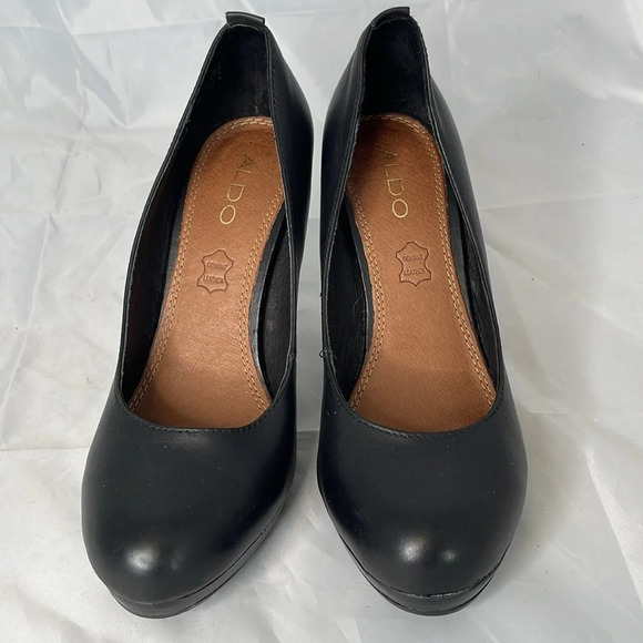 ALDO Black Genuine Leather Platform Pumps Shoes Heels Round Toe 8.5 - Picture 7 of 14